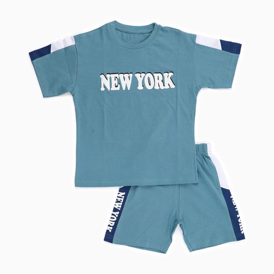 Boys' Light Blue Cotton Round Neck Printed Baba Suit, Light Blue, large image number null