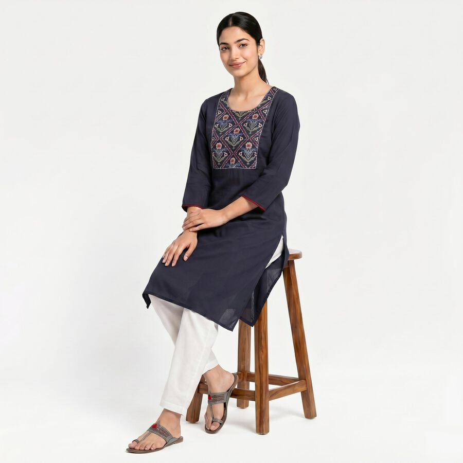 Women's Navy Blue Straight Solid Kurta, Navy Blue, large