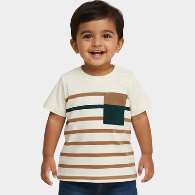 Infants Off-White Cotton Round Neck Casual T-Shirt