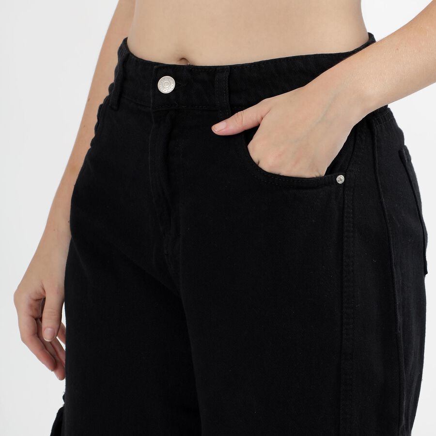 Women's Jet Black Wide Leg Cargo Jeans, काला, large image number null