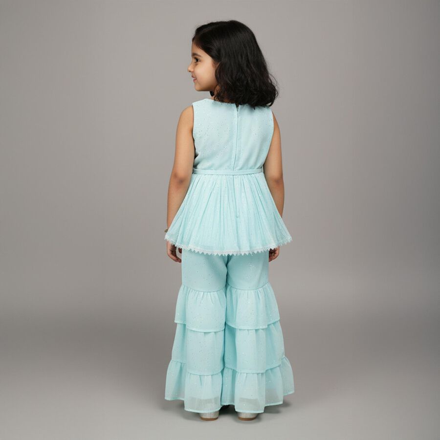 Girls Bright Aqua Blue Sequin Sleeveless Top and Tiered Pants Fusion Set, Aqua, large