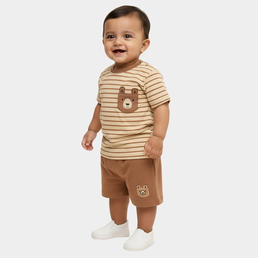 Infants' Beige Cotton Round Neck Short Sleeve Baba Suit, Beige, large