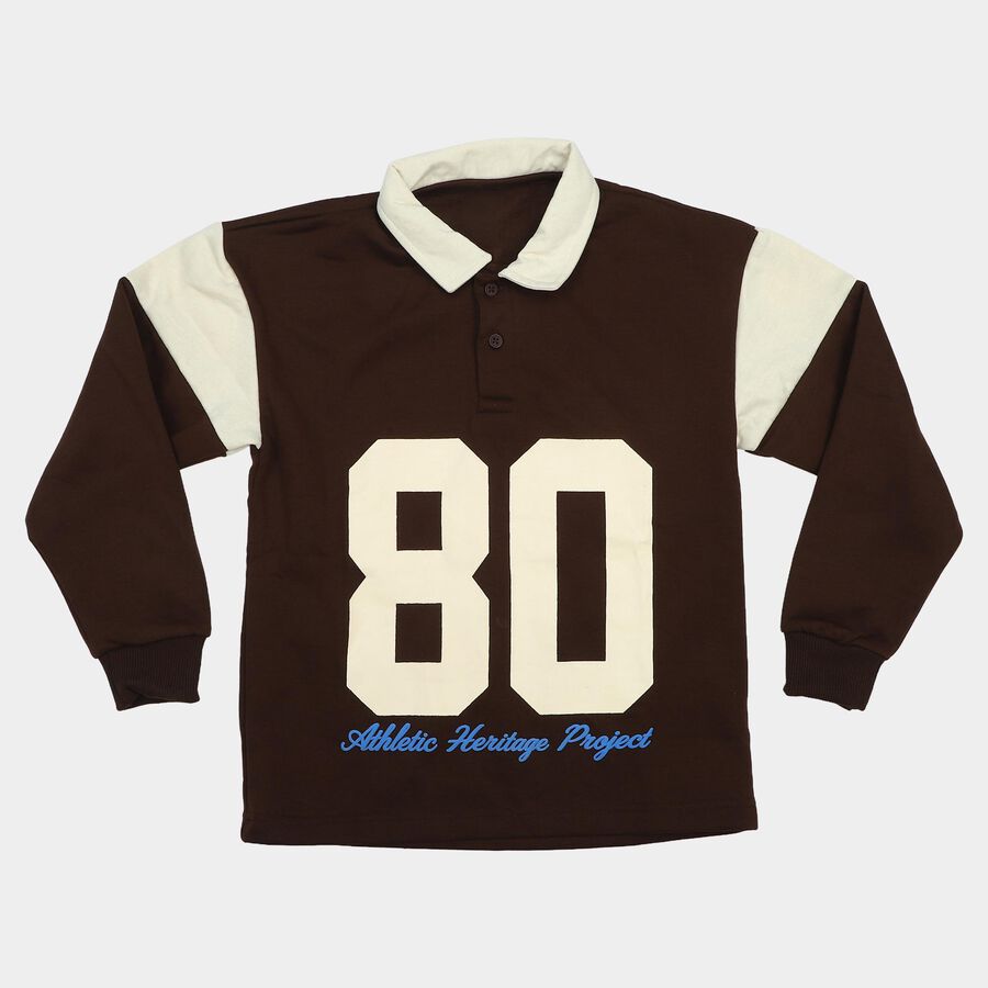 Boys' Brown Polo Neck Graphic Sweatshirt, Brown, large