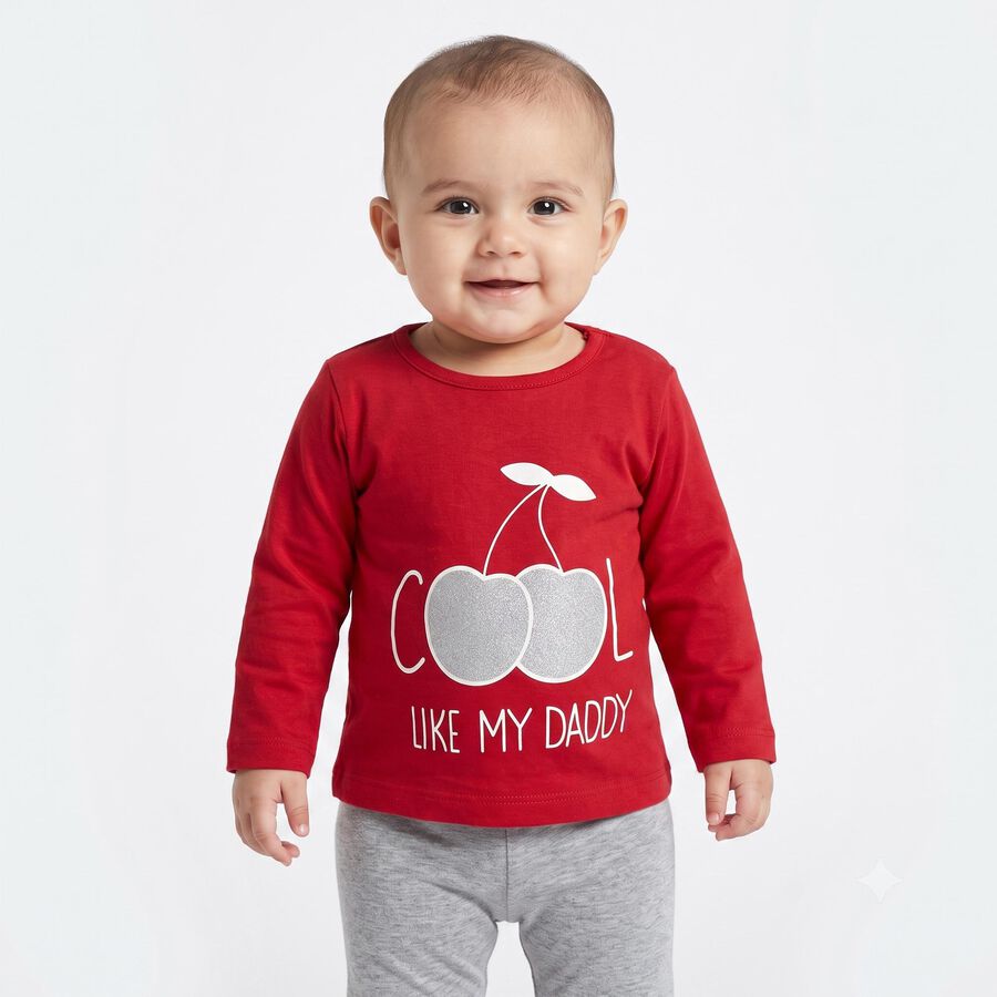Infants Red Cotton Round Neck Regular T-Shirt, Red, large