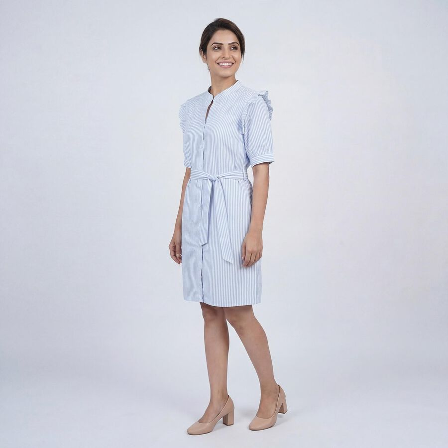 Women's Blue V-Neck Casual Midi Dress, Light Blue, large