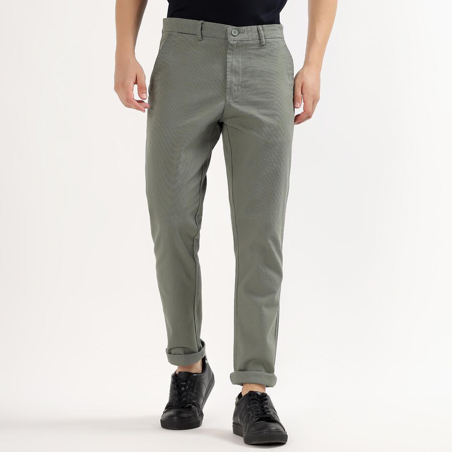 Men's Muted Sage Green Slim Fit Flat-Front Casual Trousers, Dark Green, large