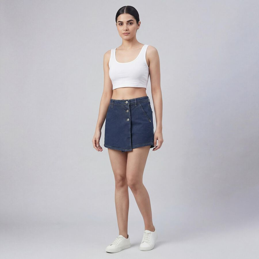 Women's Blue Regular Fit Frayed Hem Denim Shorts, Dark Blue, large