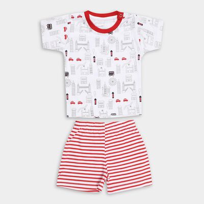 Infants' Red Cotton Crew Neck Printed Baba Suit