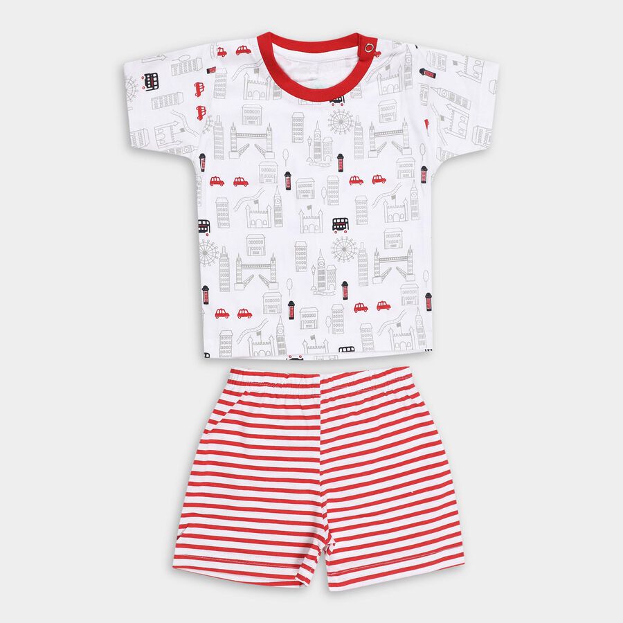 Infants' Red Cotton Crew Neck Printed Baba Suit, Red, large