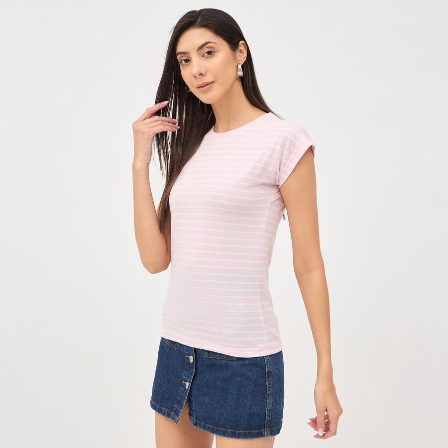 Women's Light Pink Round Neck Striped T-Shirt, Light Pink, large image number null