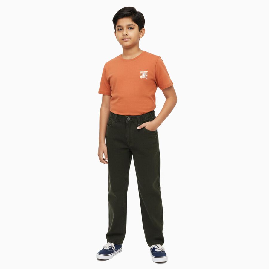 Boys' Deep Olive Relaxed Fit Elastic Waist Jeans, ओलिव, large image number null