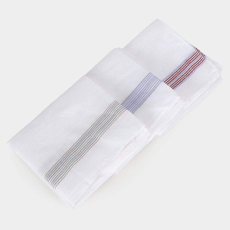 Men's White Striped Pack of 3 Handkerchief, White, large