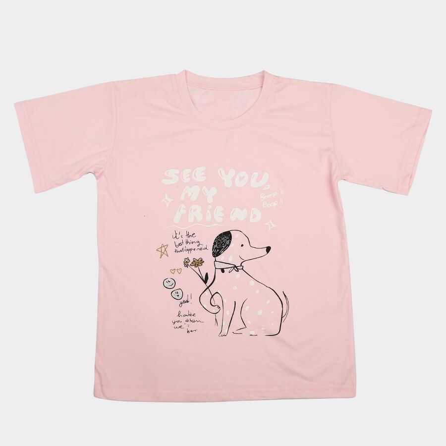 Girls Pink Round Neck Regular T-Shirt, हल्का गुलाबी, large