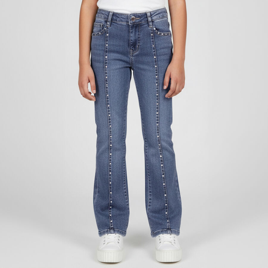 Girls' Stonewashed Blue Slim Fit Embellished Jeans, Mid Blue, large image number null