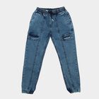 Boys' Blue Jogger Fit Paneled Jogger Jeans, गहरा नीला, small