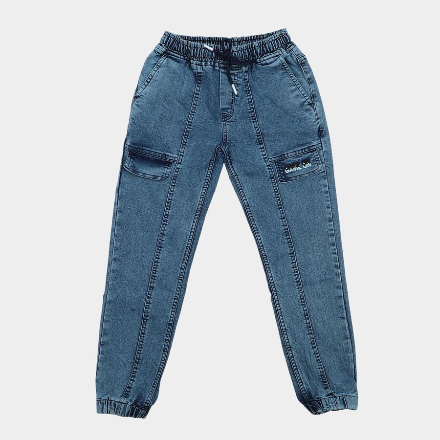 Boys' Blue Jogger Fit Paneled Jogger Jeans, गहरा नीला, large