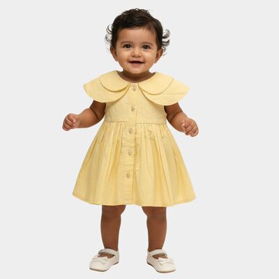 Infants' Light Yellow Cotton Peter Pan Collar Flared Frock
