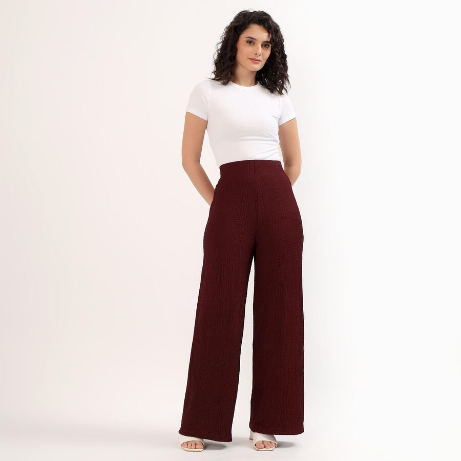 Women's Deep Maroon Wide-Leg Textured Track Pants, भूरा, large image number null