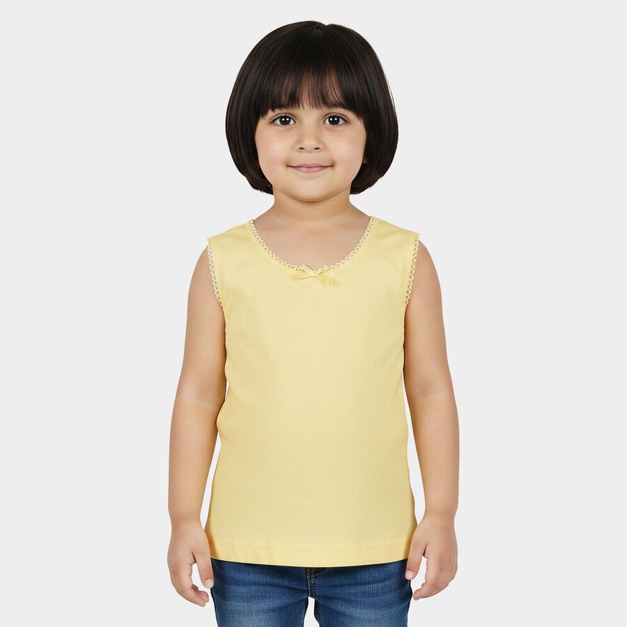 Girls Yellow Cotton Round Neck Minimalist Vest, पीला, large