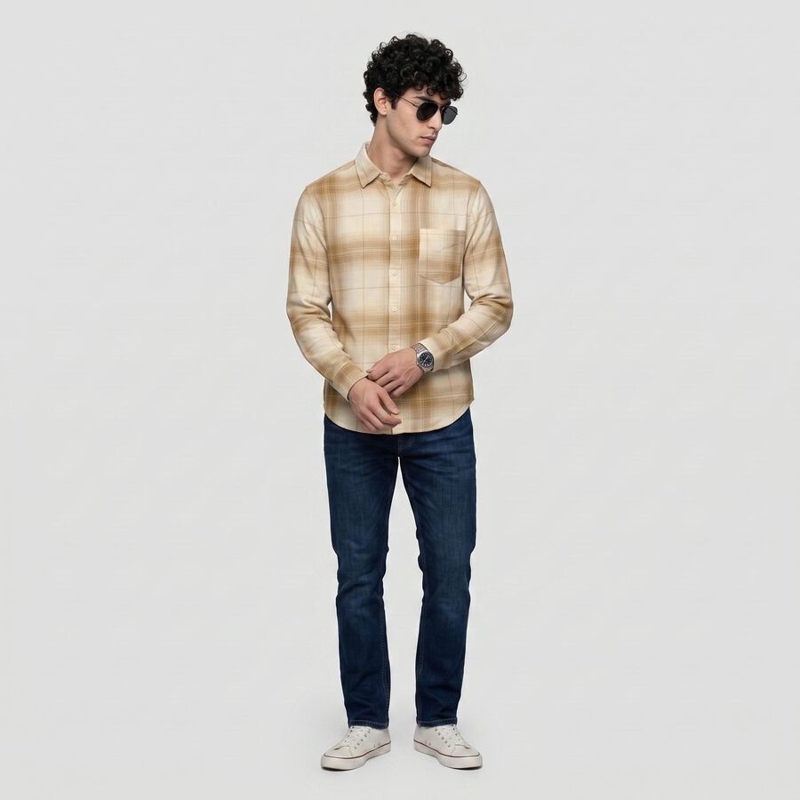 Men's Beige Cotton Long Sleeves Collar Casual Shirt, गहरा पीला, large