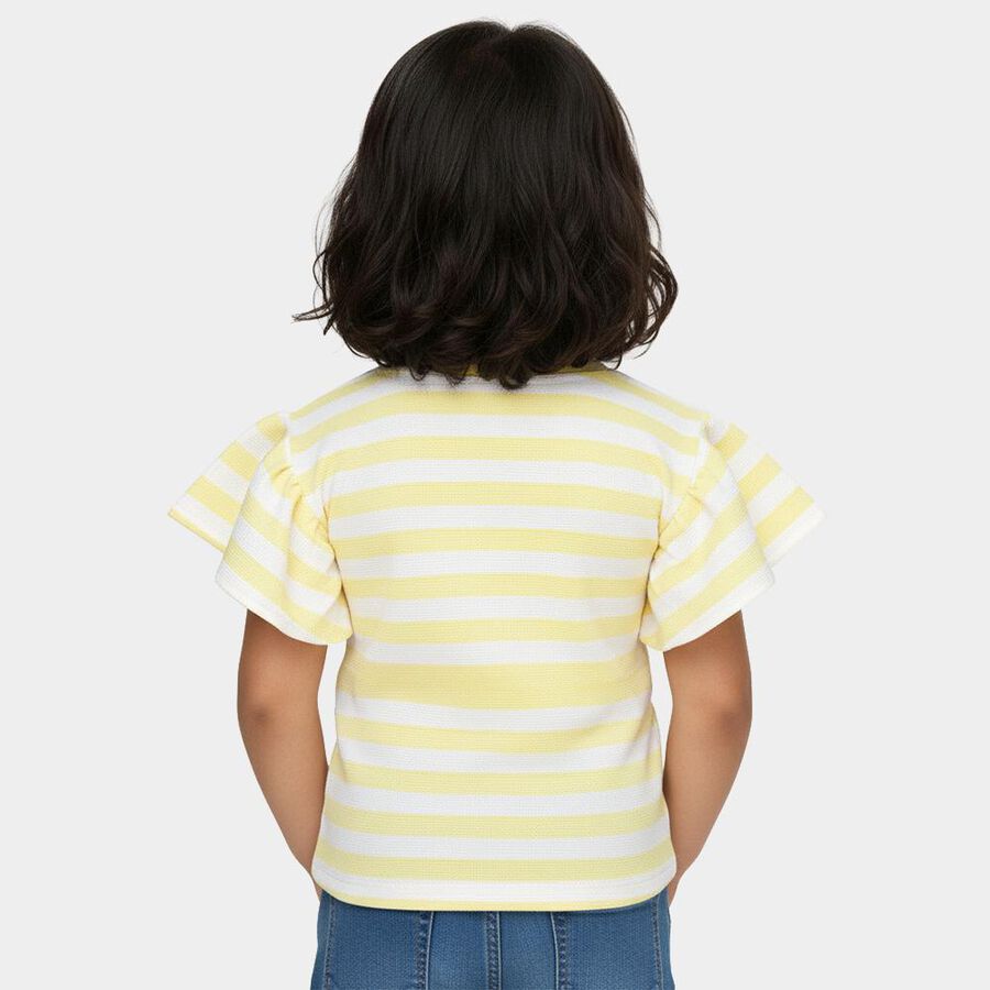 Girls Yellow Round Neck Ruffled Striped T-Shirt, Yellow, large