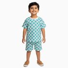 Boys Bright Aqua Blue Cotton Round Neck Geometric Night Suit, एक्वा, small image number null
