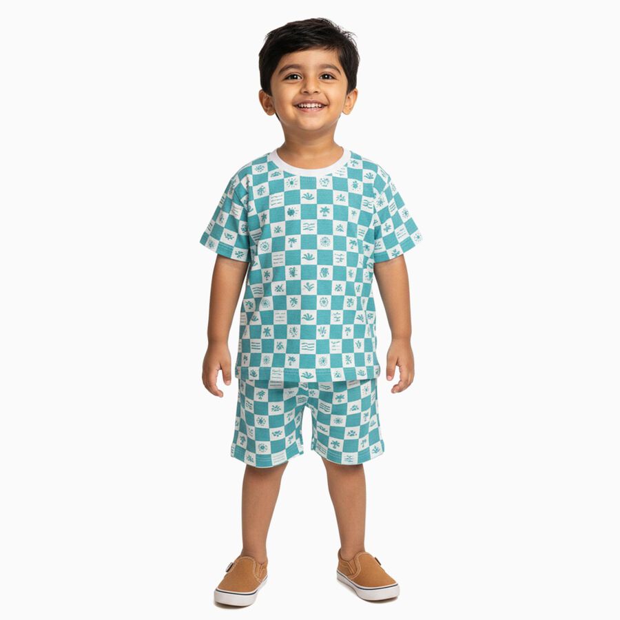 Boys Bright Aqua Blue Cotton Round Neck Geometric Night Suit, एक्वा, large image number null