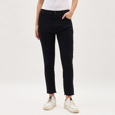 Women's Jet Black Skinny Fit Frayed Hem Jeans