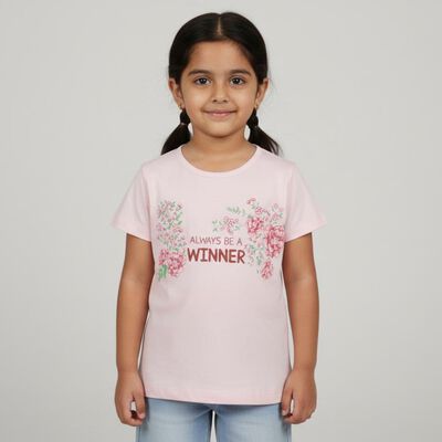 Girls Light Pink Cotton Round Neck Casual T-Shirt