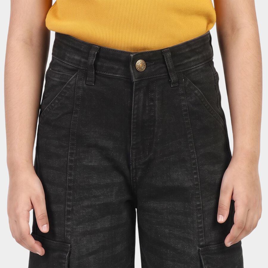 Girls' Black Relaxed Fit Cargo Jeans, Black, large