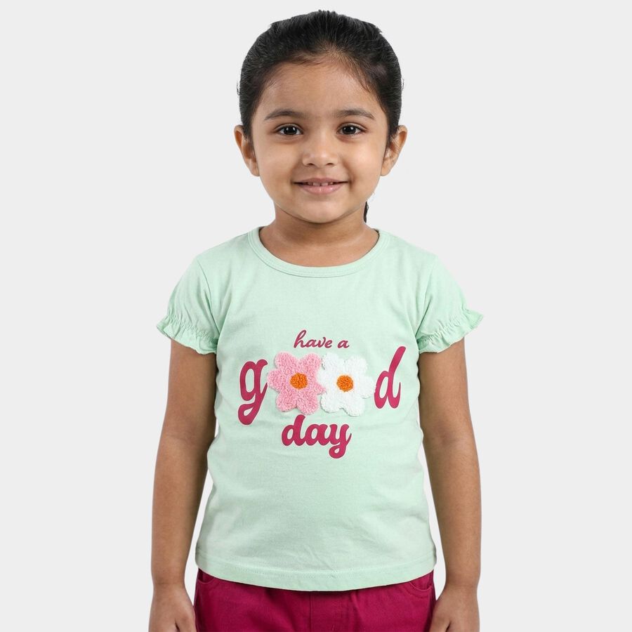 Girls' Light Green Cotton Round Neck Graphic T-Shirt, हल्का हरा, large