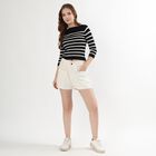 Women's Black and White Boat Neck Striped Top, काला, small
