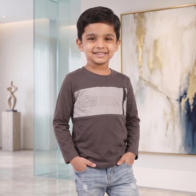 Boys Charcoal Cotton Round Neck Regular T-Shirt