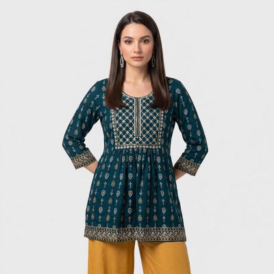 Women's Teal Round Neck Printed A-Line Kurti