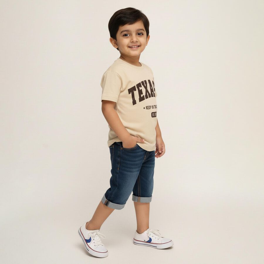 Boys' Light Beige Crew Neck Casual T-Shirt, गहरा पीला, large image number null