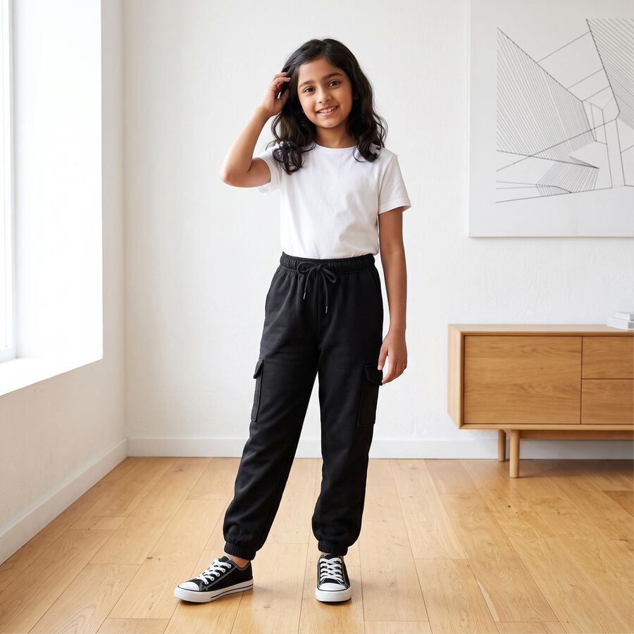 Girls Black Jogger Fit Solid Cargo Pocket Pyjama, Black, large