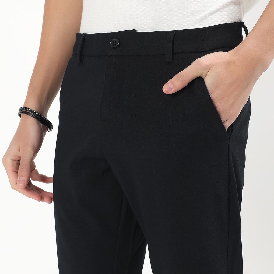 Men's Deep Jet Black Slim Fit Flat-Front Casual Trousers, नेवी ब्लू, large