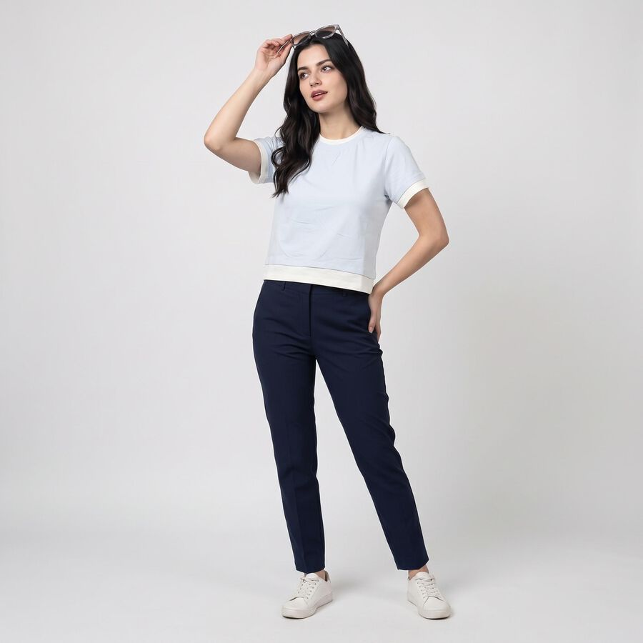 Women's Light Blue Cotton Blend Round Neck Crop Top, Light Blue, large