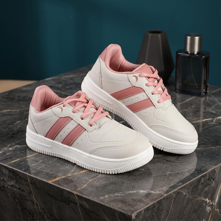 Women's White Lace-Up Low-Top Sneakers, Off White, large