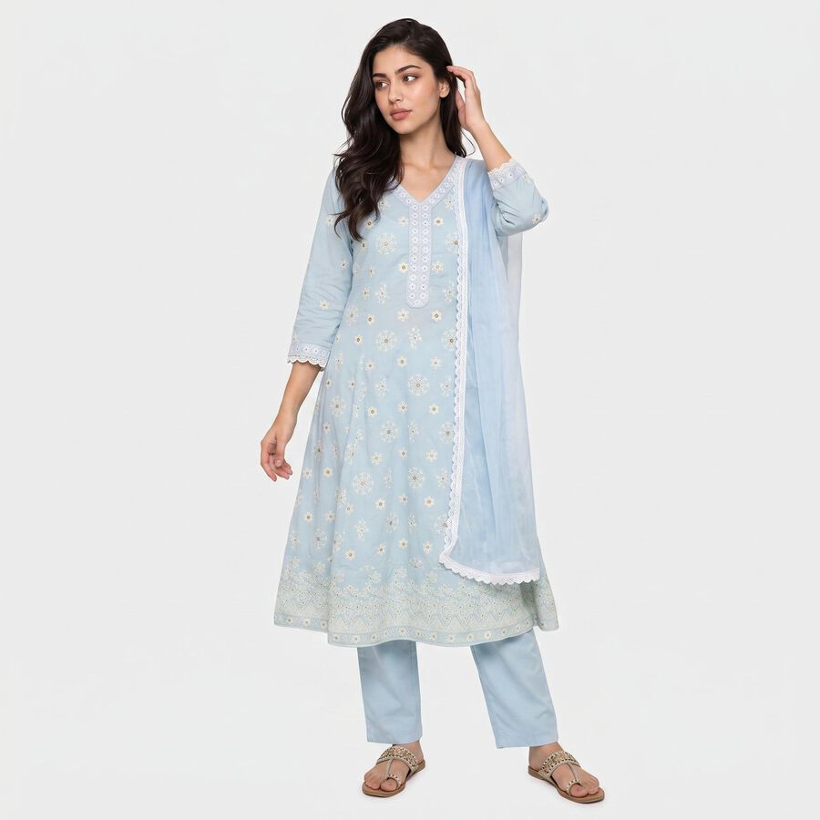 Women Light Blue 100% Cotton Embroidered Ethnic Set, Light Blue, large