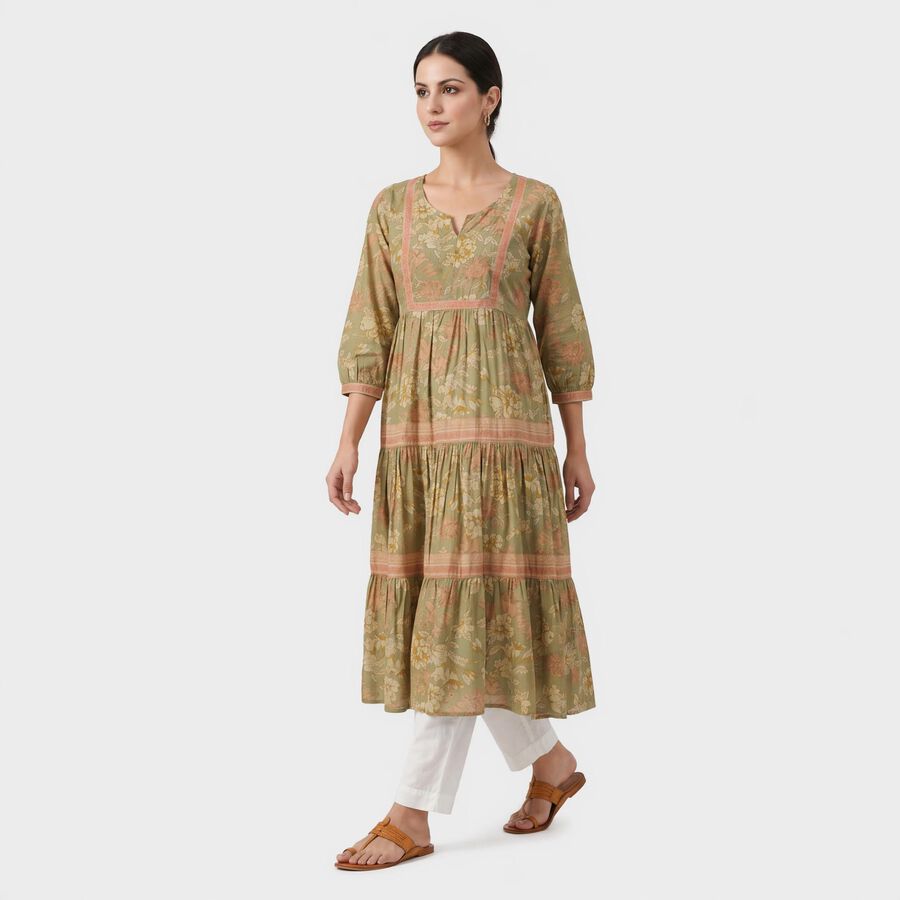 Women's Olive Green V-Neck Floral Printed Kurta, Light Green, large