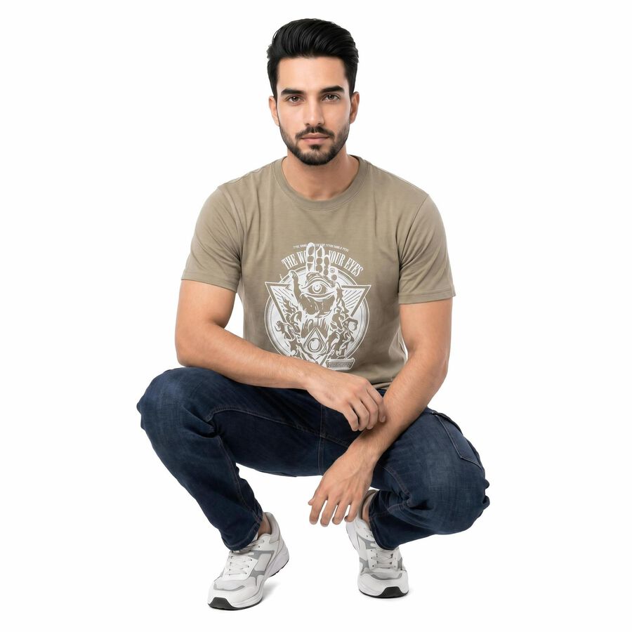 Men's Brown Round Neck Regular T-Shirt, Brown, large