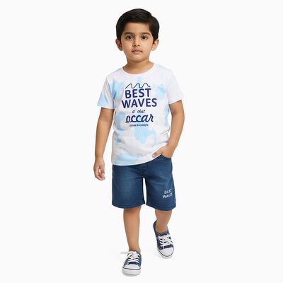 Boys' Light Blue Cotton Round Neck Printed Baba Suit