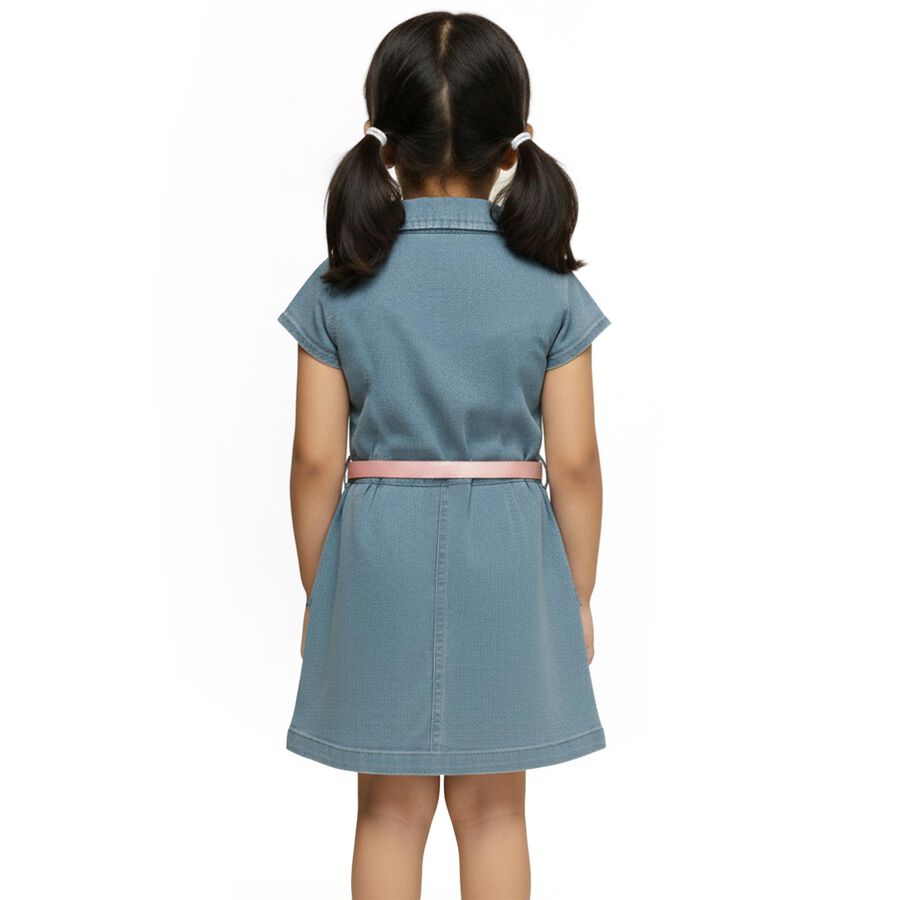 Girls' Light Denim Blue Ruffle Collared Casual Frock, Light Blue, large image number null