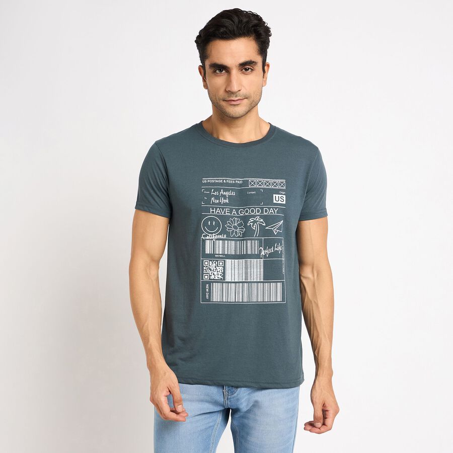 Men's Round Neck Half Sleeves T-Shirt , मध्यम नीला, large image number null