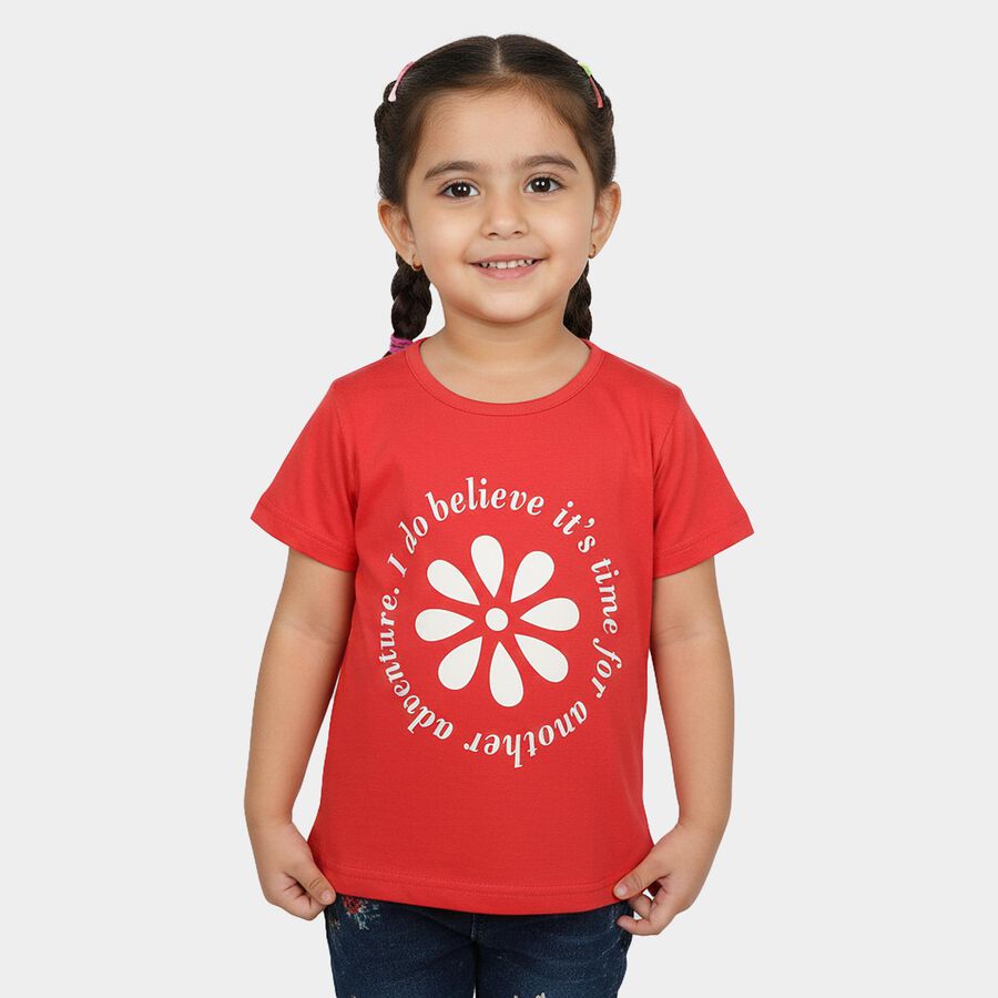 Girls' Coral Cotton Blend Round Neck Regular T-Shirt, मूँगा (कोरल), large