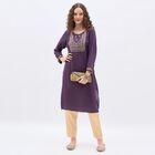 Women's Deep Plum Purple Round Neck Embroidered Kurta, वाइन, small image number null