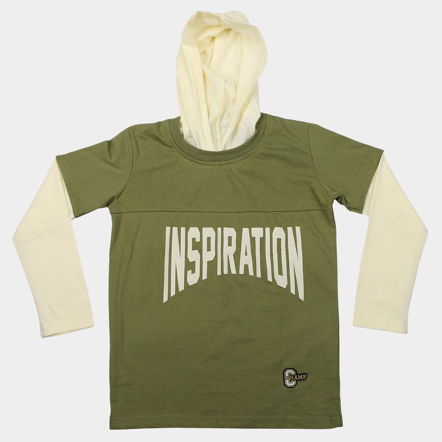 Boys Olive Green Cotton Blend Hooded Neck Regular Boys T-Shirt, Olive, large