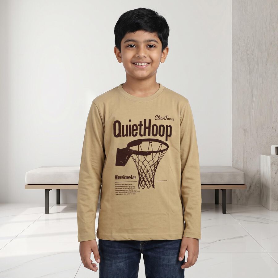 Boys Beige Round Neck Regular T-Shirt, Khaki, large