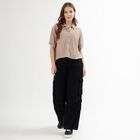 Women's Jet Black Wide Leg Cargo Jeans, काला, small image number null